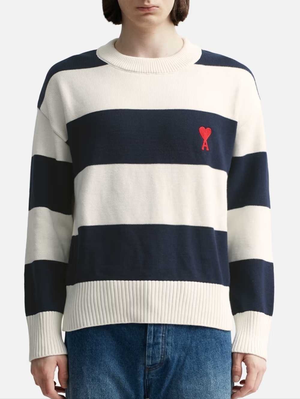 Ami Alexandre Mattiussi De Coeur Navy Cream Striped Crewneck Sweater Red Heart